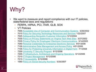 6
Why?
• We want to measure and report compliance with our IT policies,
state/federal laws and regulations
• FERPA, HIPAA, PCI, ITAR, GLB, SOX
• VT Policies
• 7000 Acceptable Use of Computer and Communication Systems 3/28/2002
• 7010 Policy for Securing Technology Resources and Services 1/22/2007
• 7025 Safeguarding Nonpublic Customer Information 5/12/2004
• 7030 Policy on Privacy Statements on Virginia Tech Web Sites 3/27/2002
• 7035 Privacy Policy for Employees' Electronic Communications 3/14/2005
• 7040 Personal Credentials for Enterprise Electronic Services 4/01/2008
• 7100 Administrative Data Management and Access Policy 4/01/2008
• 7105 Policy for Protecting University Information in Digital Form 7/1/2008
• 7200 University IT Security Program 6/12/2006
• 7205 IT Infrastructure, Architecture and Ongoing Operations 6/12/2006
• 7210 IT Project Management 6/12/2006
• 7215 IT Accessibility 6/12/2006
• 1060 Policy on Social Security Numbers 5/25/2007
 