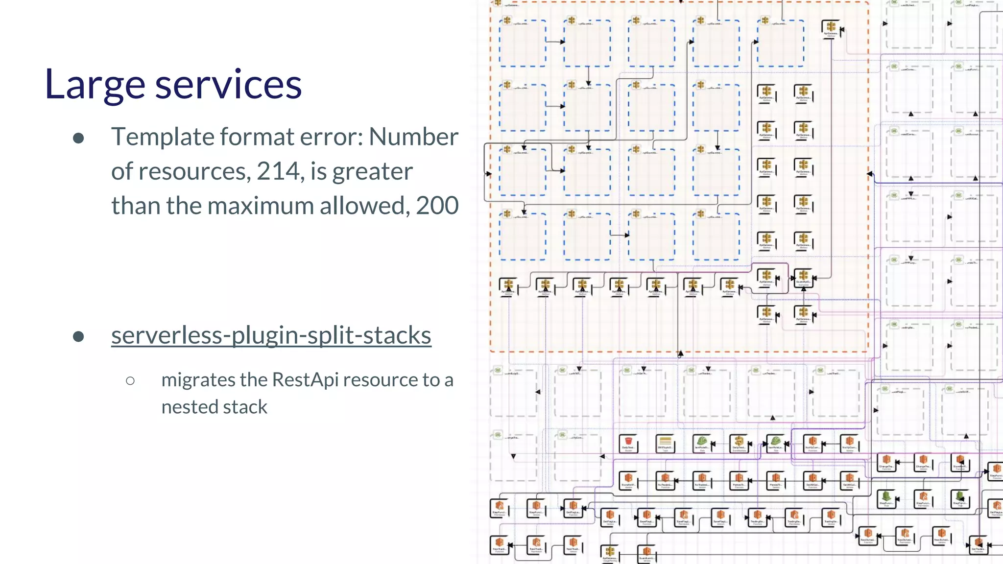 Large services ● serverless-plugin-split-stacks ○ migrates the RestApi resource to a nested stack ● Template format error: Number of resources, 214, is greater than the maximum allowed, 200 