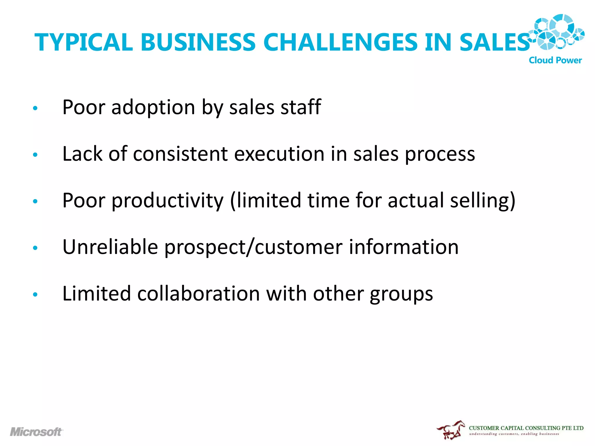 TYPICAL BUSINESS CHALLENGES IN SALES

•   Poor adoption by sales staff

•   Lack of consistent execution in sales process

•   Poor productivity (limited time for actual selling)

•   Unreliable prospect/customer information

•   Limited collaboration with other groups
 