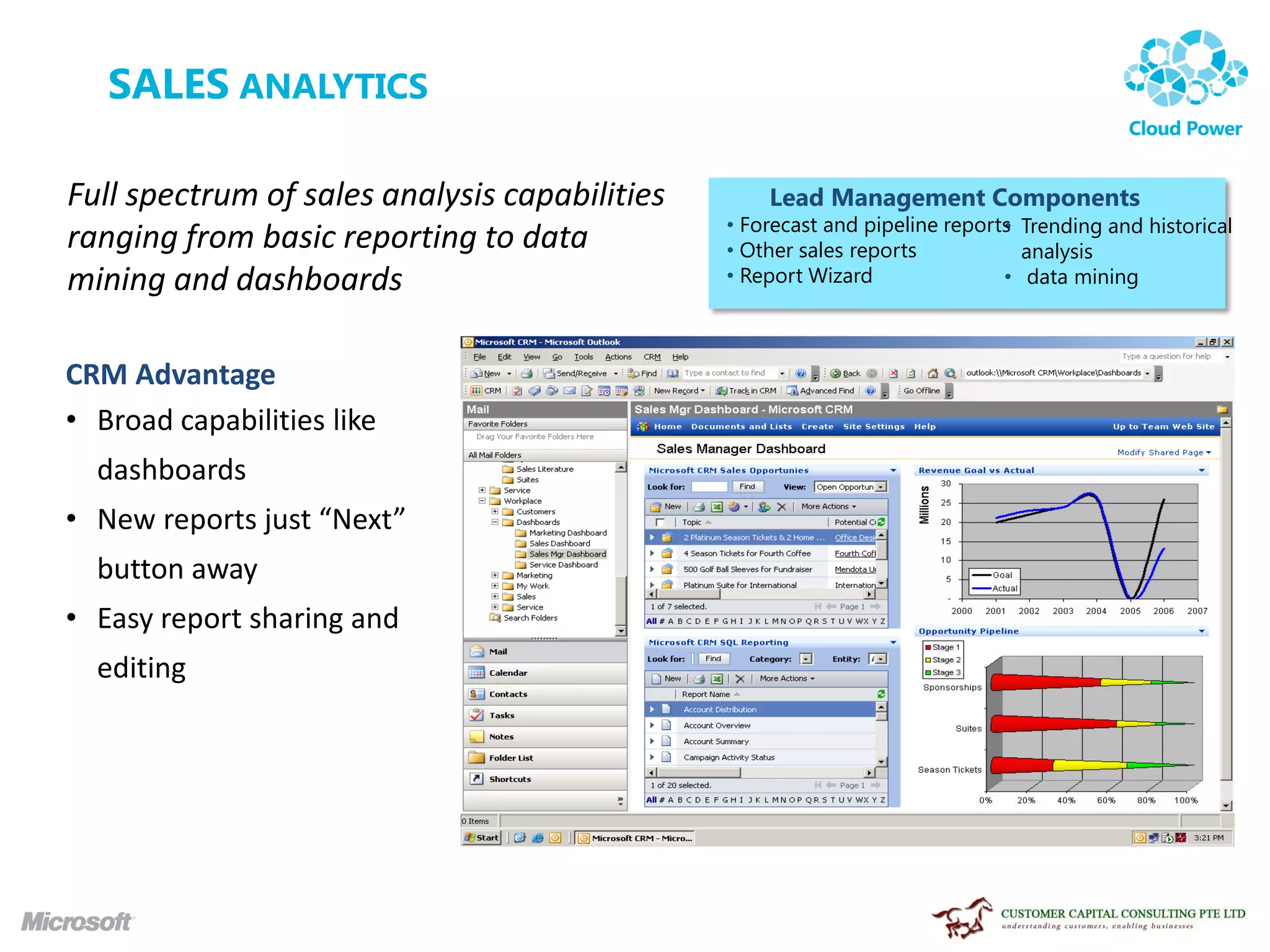 SALES ANALYTICS

Full spectrum of sales analysis capabilities       Lead Management Components
                                               • Forecast and pipeline reports Trending and historical
                                                                             •
ranging from basic reporting to data           • Other sales reports           analysis
mining and dashboards                          • Report Wizard               • data mining



CRM Advantage
• Broad capabilities like
  dashboards
• New reports just “Next”
  button away
• Easy report sharing and
  editing
 