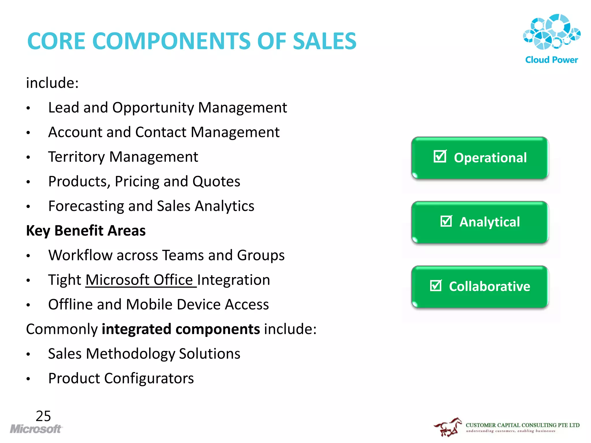 CORE COMPONENTS OF SALES
include:
• Lead and Opportunity Management
• Account and Contact Management
• Territory Management                     Operational
• Products, Pricing and Quotes
• Forecasting and Sales Analytics
                                            Analytical
Key Benefit Areas
• Workflow across Teams and Groups
• Tight Microsoft Office Integration       Collaborative
• Offline and Mobile Device Access
Commonly integrated components include:
• Sales Methodology Solutions
• Product Configurators

 25
 