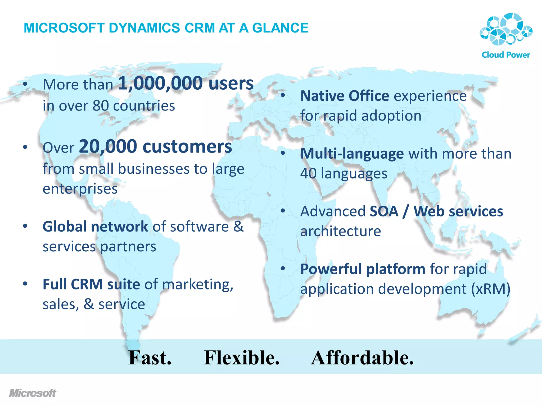 MICROSOFT DYNAMICS CRM AT A GLANCE



• More than 1,000,000     users
                                   • Native Office experience
  in over 80 countries
                                     for rapid adoption
• Over 20,000 customers            • Multi-language with more than
  from small businesses to large     40 languages
  enterprises
                                   • Advanced SOA / Web services
• Global network of software &       architecture
  services partners
                                   • Powerful platform for rapid
• Full CRM suite of marketing,       application development (xRM)
  sales, & service


               Fast.      Flexible.    Affordable.
 