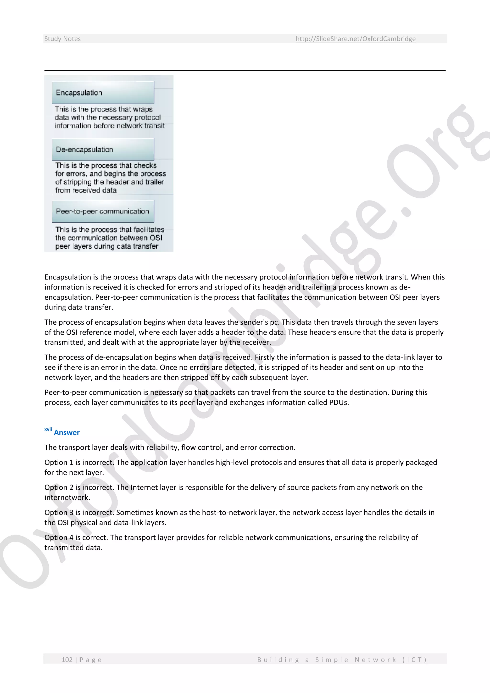 Study Notes http://SlideShare.net/OxfordCambridge
102 | P a g e B u i l d i n g a S i m p l e N e t w o r k ( I C T )
Encapsulation is the process that wraps data with the necessary protocol information before network transit. When this
information is received it is checked for errors and stripped of its header and trailer in a process known as de-
encapsulation. Peer-to-peer communication is the process that facilitates the communication between OSI peer layers
during data transfer.
The process of encapsulation begins when data leaves the sender's pc. This data then travels through the seven layers
of the OSI reference model, where each layer adds a header to the data. These headers ensure that the data is properly
transmitted, and dealt with at the appropriate layer by the receiver.
The process of de-encapsulation begins when data is received. Firstly the information is passed to the data-link layer to
see if there is an error in the data. Once no errors are detected, it is stripped of its header and sent on up into the
network layer, and the headers are then stripped off by each subsequent layer.
Peer-to-peer communication is necessary so that packets can travel from the source to the destination. During this
process, each layer communicates to its peer layer and exchanges information called PDUs.
xvii
Answer
The transport layer deals with reliability, flow control, and error correction.
Option 1 is incorrect. The application layer handles high-level protocols and ensures that all data is properly packaged
for the next layer.
Option 2 is incorrect. The Internet layer is responsible for the delivery of source packets from any network on the
internetwork.
Option 3 is incorrect. Sometimes known as the host-to-network layer, the network access layer handles the details in
the OSI physical and data-link layers.
Option 4 is correct. The transport layer provides for reliable network communications, ensuring the reliability of
transmitted data.
 