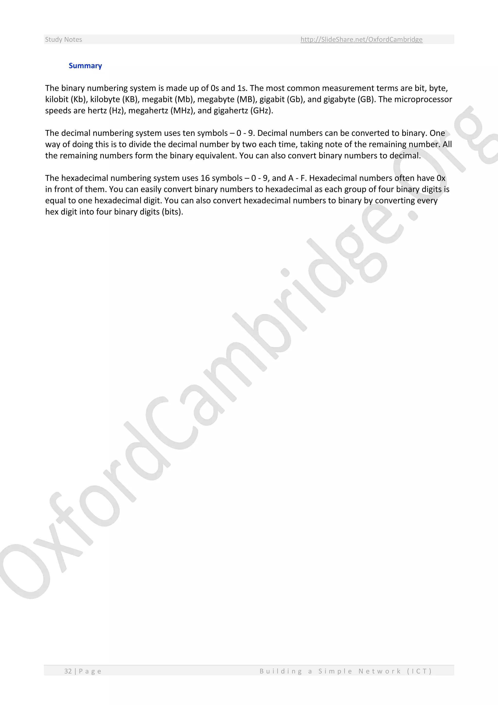 Study Notes http://SlideShare.net/OxfordCambridge
32 | P a g e B u i l d i n g a S i m p l e N e t w o r k ( I C T )
Summary
The binary numbering system is made up of 0s and 1s. The most common measurement terms are bit, byte,
kilobit (Kb), kilobyte (KB), megabit (Mb), megabyte (MB), gigabit (Gb), and gigabyte (GB). The microprocessor
speeds are hertz (Hz), megahertz (MHz), and gigahertz (GHz).
The decimal numbering system uses ten symbols – 0 - 9. Decimal numbers can be converted to binary. One
way of doing this is to divide the decimal number by two each time, taking note of the remaining number. All
the remaining numbers form the binary equivalent. You can also convert binary numbers to decimal.
The hexadecimal numbering system uses 16 symbols – 0 - 9, and A - F. Hexadecimal numbers often have 0x
in front of them. You can easily convert binary numbers to hexadecimal as each group of four binary digits is
equal to one hexadecimal digit. You can also convert hexadecimal numbers to binary by converting every
hex digit into four binary digits (bits).
 