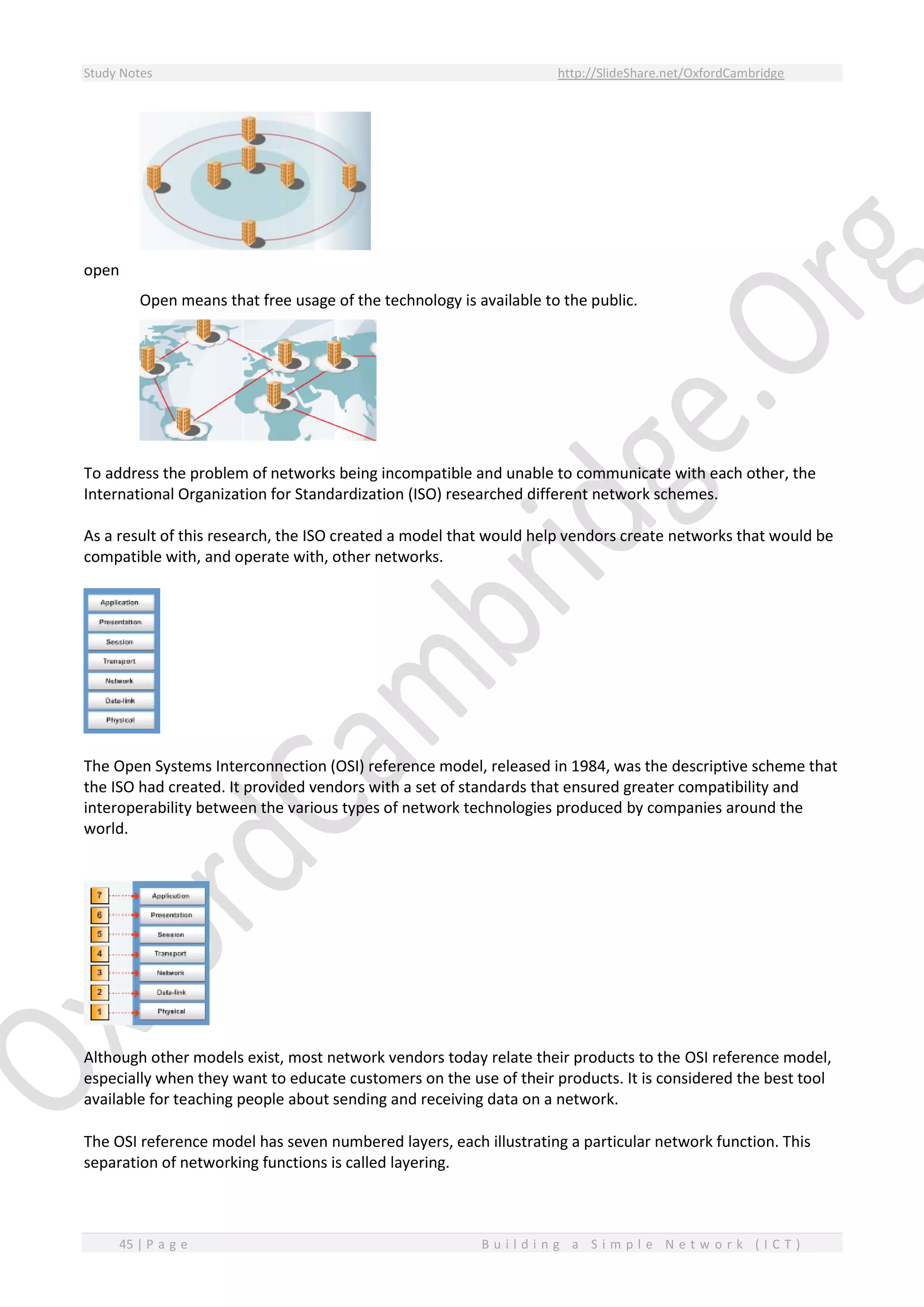 Study Notes http://SlideShare.net/OxfordCambridge
45 | P a g e B u i l d i n g a S i m p l e N e t w o r k ( I C T )
open
Open means that free usage of the technology is available to the public.
To address the problem of networks being incompatible and unable to communicate with each other, the
International Organization for Standardization (ISO) researched different network schemes.
As a result of this research, the ISO created a model that would help vendors create networks that would be
compatible with, and operate with, other networks.
The Open Systems Interconnection (OSI) reference model, released in 1984, was the descriptive scheme that
the ISO had created. It provided vendors with a set of standards that ensured greater compatibility and
interoperability between the various types of network technologies produced by companies around the
world.
Although other models exist, most network vendors today relate their products to the OSI reference model,
especially when they want to educate customers on the use of their products. It is considered the best tool
available for teaching people about sending and receiving data on a network.
The OSI reference model has seven numbered layers, each illustrating a particular network function. This
separation of networking functions is called layering.
 