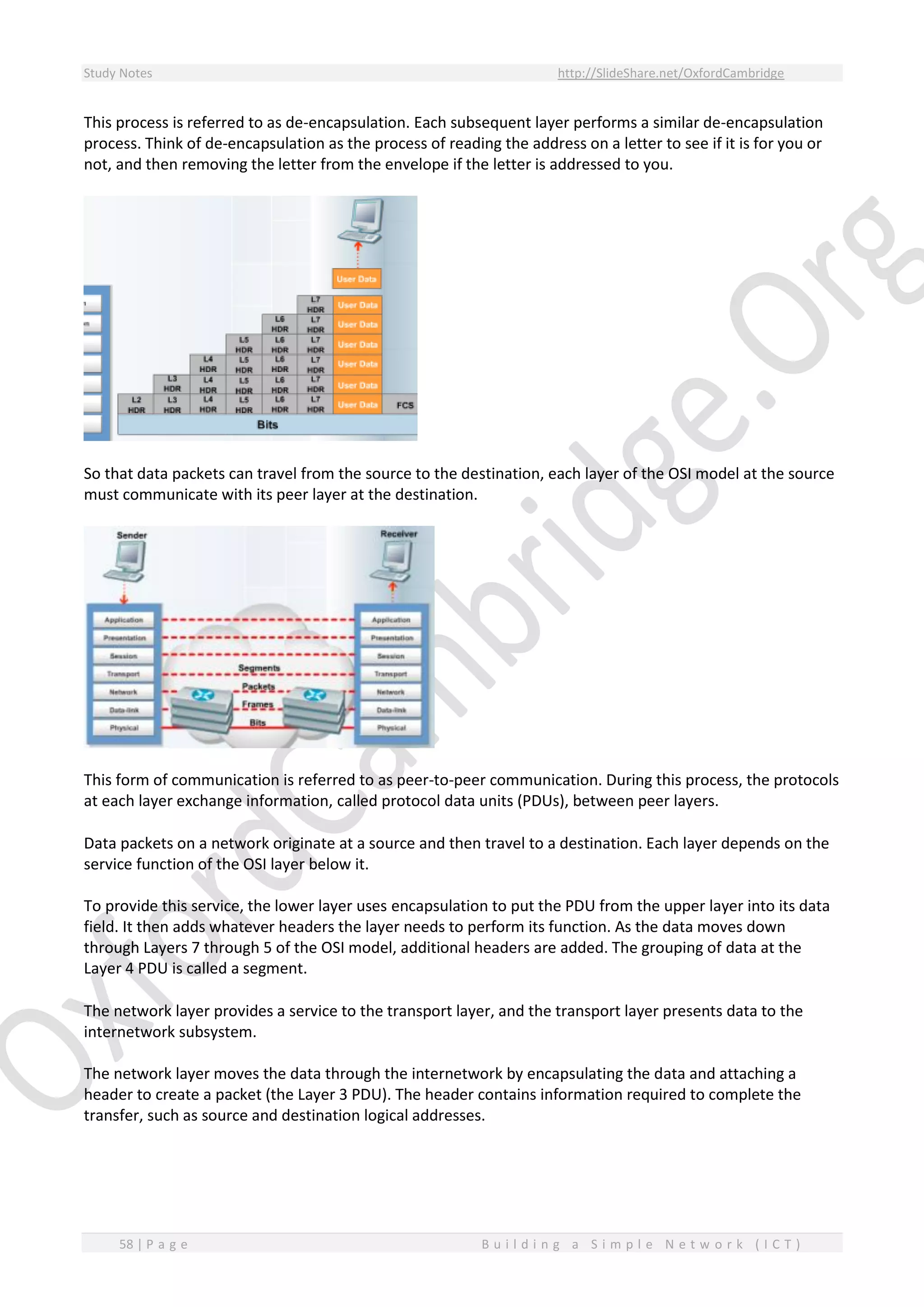 Study Notes http://SlideShare.net/OxfordCambridge
58 | P a g e B u i l d i n g a S i m p l e N e t w o r k ( I C T )
This process is referred to as de-encapsulation. Each subsequent layer performs a similar de-encapsulation
process. Think of de-encapsulation as the process of reading the address on a letter to see if it is for you or
not, and then removing the letter from the envelope if the letter is addressed to you.
So that data packets can travel from the source to the destination, each layer of the OSI model at the source
must communicate with its peer layer at the destination.
This form of communication is referred to as peer-to-peer communication. During this process, the protocols
at each layer exchange information, called protocol data units (PDUs), between peer layers.
Data packets on a network originate at a source and then travel to a destination. Each layer depends on the
service function of the OSI layer below it.
To provide this service, the lower layer uses encapsulation to put the PDU from the upper layer into its data
field. It then adds whatever headers the layer needs to perform its function. As the data moves down
through Layers 7 through 5 of the OSI model, additional headers are added. The grouping of data at the
Layer 4 PDU is called a segment.
The network layer provides a service to the transport layer, and the transport layer presents data to the
internetwork subsystem.
The network layer moves the data through the internetwork by encapsulating the data and attaching a
header to create a packet (the Layer 3 PDU). The header contains information required to complete the
transfer, such as source and destination logical addresses.
 