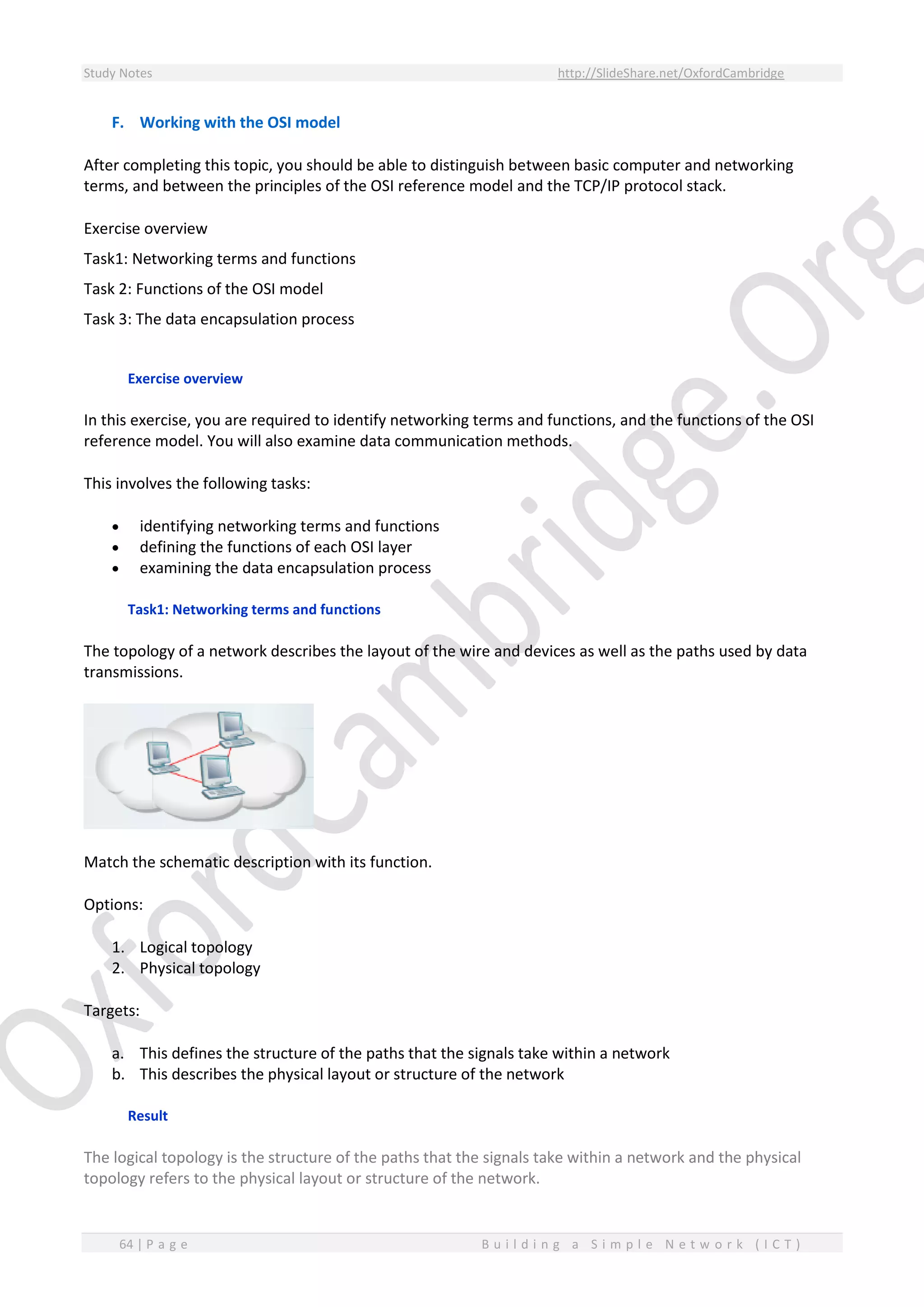 Study Notes http://SlideShare.net/OxfordCambridge
64 | P a g e B u i l d i n g a S i m p l e N e t w o r k ( I C T )
F. Working with the OSI model
After completing this topic, you should be able to distinguish between basic computer and networking
terms, and between the principles of the OSI reference model and the TCP/IP protocol stack.
Exercise overview
Task1: Networking terms and functions
Task 2: Functions of the OSI model
Task 3: The data encapsulation process
Exercise overview
In this exercise, you are required to identify networking terms and functions, and the functions of the OSI
reference model. You will also examine data communication methods.
This involves the following tasks:
 identifying networking terms and functions
 defining the functions of each OSI layer
 examining the data encapsulation process
Task1: Networking terms and functions
The topology of a network describes the layout of the wire and devices as well as the paths used by data
transmissions.
Match the schematic description with its function.
Options:
1. Logical topology
2. Physical topology
Targets:
a. This defines the structure of the paths that the signals take within a network
b. This describes the physical layout or structure of the network
Result
The logical topology is the structure of the paths that the signals take within a network and the physical
topology refers to the physical layout or structure of the network.
 