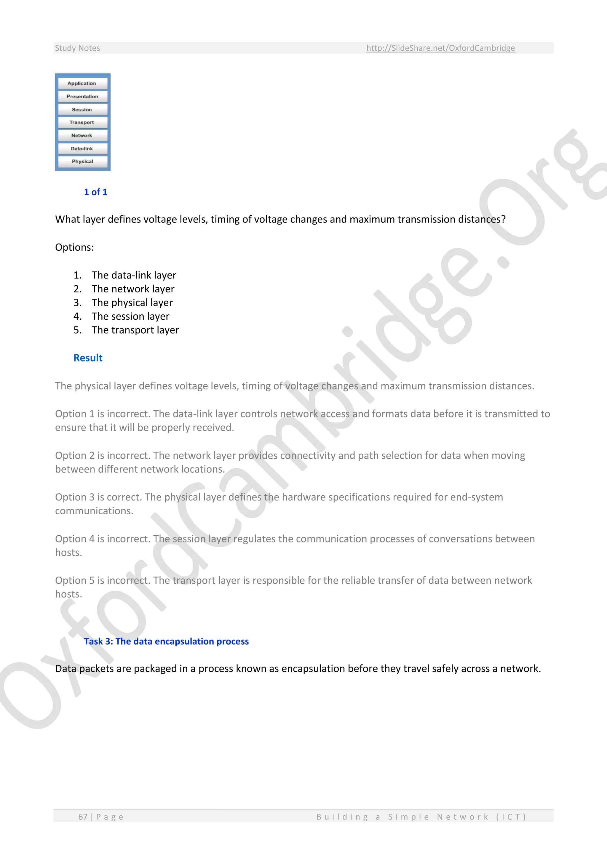 Study Notes http://SlideShare.net/OxfordCambridge
67 | P a g e B u i l d i n g a S i m p l e N e t w o r k ( I C T )
1 of 1
What layer defines voltage levels, timing of voltage changes and maximum transmission distances?
Options:
1. The data-link layer
2. The network layer
3. The physical layer
4. The session layer
5. The transport layer
Result
The physical layer defines voltage levels, timing of voltage changes and maximum transmission distances.
Option 1 is incorrect. The data-link layer controls network access and formats data before it is transmitted to
ensure that it will be properly received.
Option 2 is incorrect. The network layer provides connectivity and path selection for data when moving
between different network locations.
Option 3 is correct. The physical layer defines the hardware specifications required for end-system
communications.
Option 4 is incorrect. The session layer regulates the communication processes of conversations between
hosts.
Option 5 is incorrect. The transport layer is responsible for the reliable transfer of data between network
hosts.
Task 3: The data encapsulation process
Data packets are packaged in a process known as encapsulation before they travel safely across a network.
 