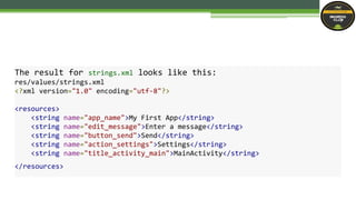 The result for strings.xml looks like this:
res/values/strings.xml
<?xml version="1.0" encoding="utf-8"?>
<resources>
<string name="app_name">My First App</string>
<string name="edit_message">Enter a message</string>
<string name="button_send">Send</string>
<string name="action_settings">Settings</string>
<string name="title_activity_main">MainActivity</string>
</resources>
 