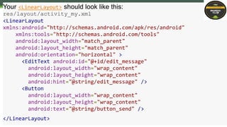 Your <LinearLayout> should look like this:
res/layout/activity_my.xml
<LinearLayout
xmlns:android="http://schemas.android.com/apk/res/android"
xmlns:tools="http://schemas.android.com/tools"
android:layout_width="match_parent"
android:layout_height="match_parent"
android:orientation="horizontal" >
<EditText android:id="@+id/edit_message"
android:layout_width="wrap_content"
android:layout_height="wrap_content"
android:hint="@string/edit_message" />
<Button
android:layout_width="wrap_content"
android:layout_height="wrap_content"
android:text="@string/button_send" />
</LinearLayout>
 
