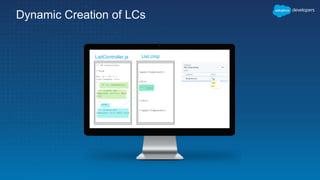 Dynamic Creation of LCs
List.cmpListController.js
<apex:Component>
<div>
{!v.Body}
</div>
</apex:Component>
// JS Controller:
//Loop
for (i = 0; i <
list.length; i++)
{
if (i.isReadOnly){
// Create Row
Component without Edit
Link
}
else
// Create Row
Component with Edit Link
}
 