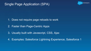 Single Page Application (SPA)
1. Does not require page reloads to work
2. Faster than Page-Centric Apps
3. Usually built with Javascript, CSS, Ajax
4. Examples: Salesforce Lightning Experience, Salesforce 1
 