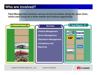 Who are involved?
 Fleet Management involves various service providers along the value chain,
 where each focus on a niche market and revenue opportunity


     Vehicle Types                          Services         Key Players


                                   •Vehicle Management

                                   •Driver Management.

                                   •Operations Management.

                                   •Compliance and
                                   Reporting




   HUAWEI TECHNOLOGIES CO., LTD.       Huawei Confidential
 