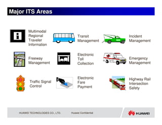 Major ITS Areas


         Multimodal
         Regional                       Transit          Incident
         Traveler                       Management       Management
         Information

                                        Electronic
         Freeway                        Toll             Emergency
         Management                     Collection       Management



                                        Electronic       Highway Rail
          Traffic Signal                Fare             Intersection
          Control                       Payment          Safety




   HUAWEI TECHNOLOGIES CO., LTD.   Huawei Confidential
 