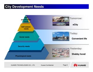 City Development Needs


                   Self-
               actualization
                                                                  Tomorrow:
                  needs
                                                                    eCity
               Self-esteem
                  needs

                                                                  Today:
             Social needs
                                                                   Convenient life


           Security needs
                                                                  Yesterday:

                                                                   Shabby hovel
        Physiological needs




   HUAWEI TECHNOLOGIES CO., LTD.   Huawei Confidential   Page 9
 