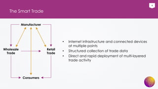 4
The Smart Trade
• Internet infrastructure and connected devices
at multiple points
• Structured collection of trade data
• Direct and rapid deployment of multi-layered
trade activity
Manufacturer
Retail
Trade
Wholesale
Trade
Consumers
 