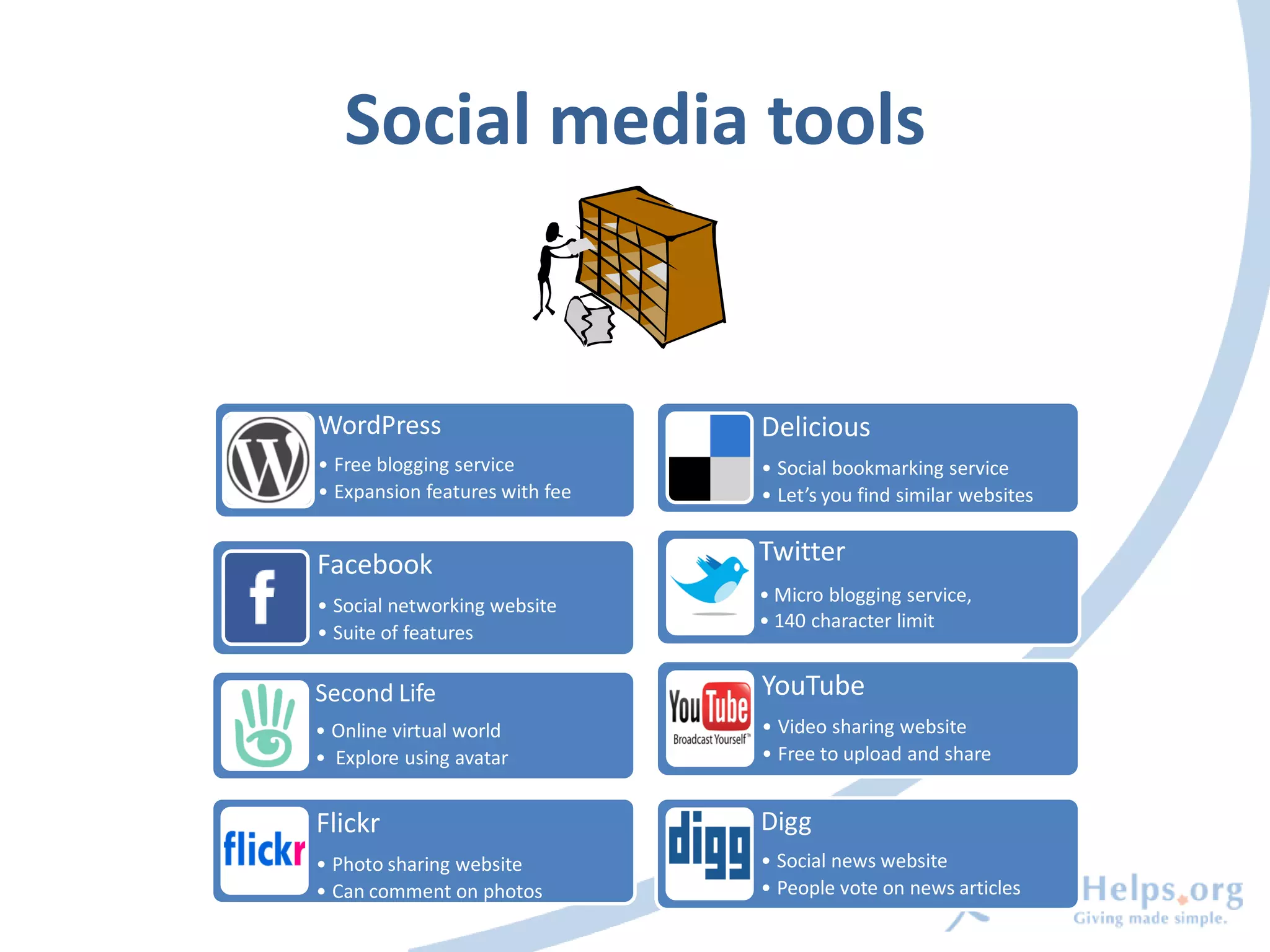 Social media tools


WordPress                       Delicious
• Free blogging service         • Social bookmarking service
• Expansion features with fee   • Let’s you find similar websites


Facebook                        Twitter
                                • Micro blogging service,
• Social networking website
                                • 140 character limit
• Suite of features

Second Life                     YouTube
• Online virtual world          • Video sharing website
• Explore using avatar          • Free to upload and share


Flickr                          Digg
• Photo sharing website         • Social news website
• Can comment on photos         • People vote on news articles
 
