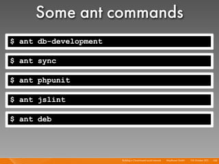 Some ant commands
$ ant db-development

$ ant sync

$ ant phpunit

$ ant jslint

$ ant deb




                       Buil...