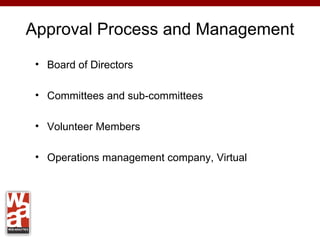 Approval Process and Management
 • Board of Directors

 • Committees and sub-committees

 • Volunteer Members

 • Operations management company, Virtual
 
