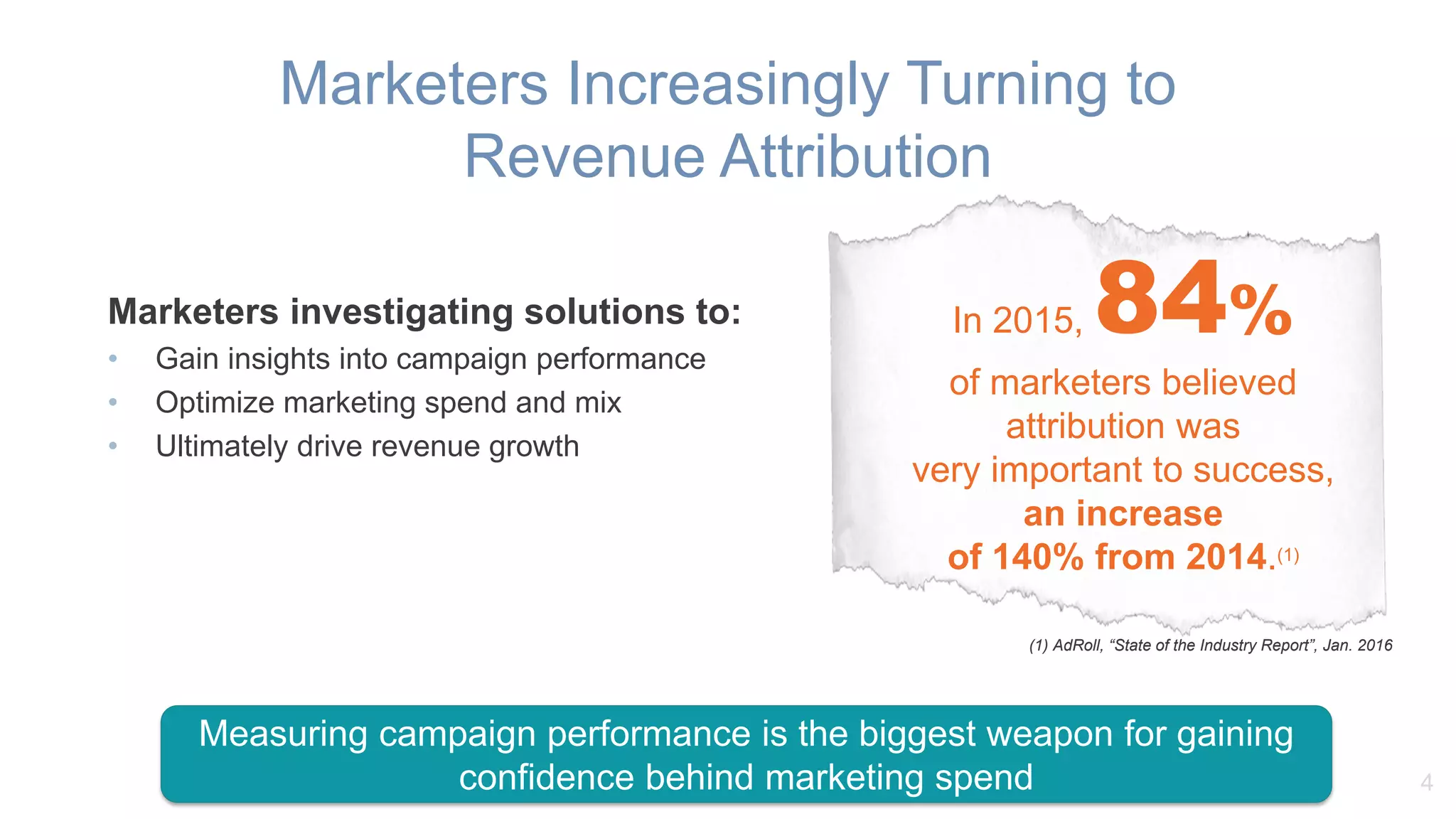 Marketers Increasingly Turning to
Revenue Attribution
4
Marketers investigating solutions to:
• Gain insights into campaign performance
• Optimize marketing spend and mix
• Ultimately drive revenue growth
(1) AdRoll, “State of the Industry Report”, Jan. 2016
In 2015, 84%
of marketers believed
attribution was
very important to success,
an increase
of 140% from 2014.(1)
Measuring campaign performance is the biggest weapon for gaining
confidence behind marketing spend
 