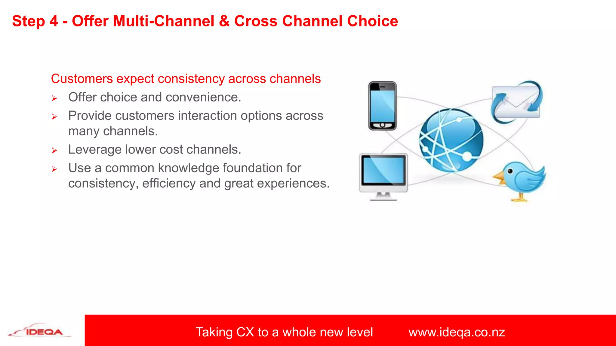 Taking CX to a whole new level www.ideqa.co.nz
Step 4 - Offer Multi-Channel & Cross Channel Choice
Customers expect consistency across channels
 Offer choice and convenience.
 Provide customers interaction options across
many channels.
 Leverage lower cost channels.
 Use a common knowledge foundation for
consistency, efficiency and great experiences.
 