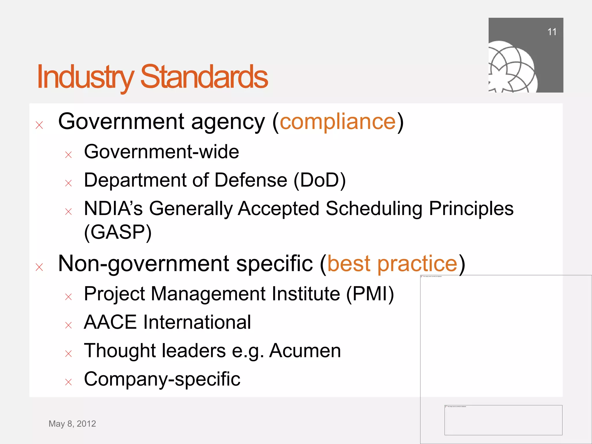 11




Industry Standards
!      Government agency (compliance)
        !   Government-wide
        !   Department of Defense (DoD)
        !   NDIA’s Generally Accepted Scheduling Principles
            (GASP)
!      Non-government speciﬁc (best practice)
        !    Project Management Institute (PMI)
        !    AACE International
        !    Thought leaders e.g. Acumen
        !    Company-speciﬁc
    September 21,
        2011
 