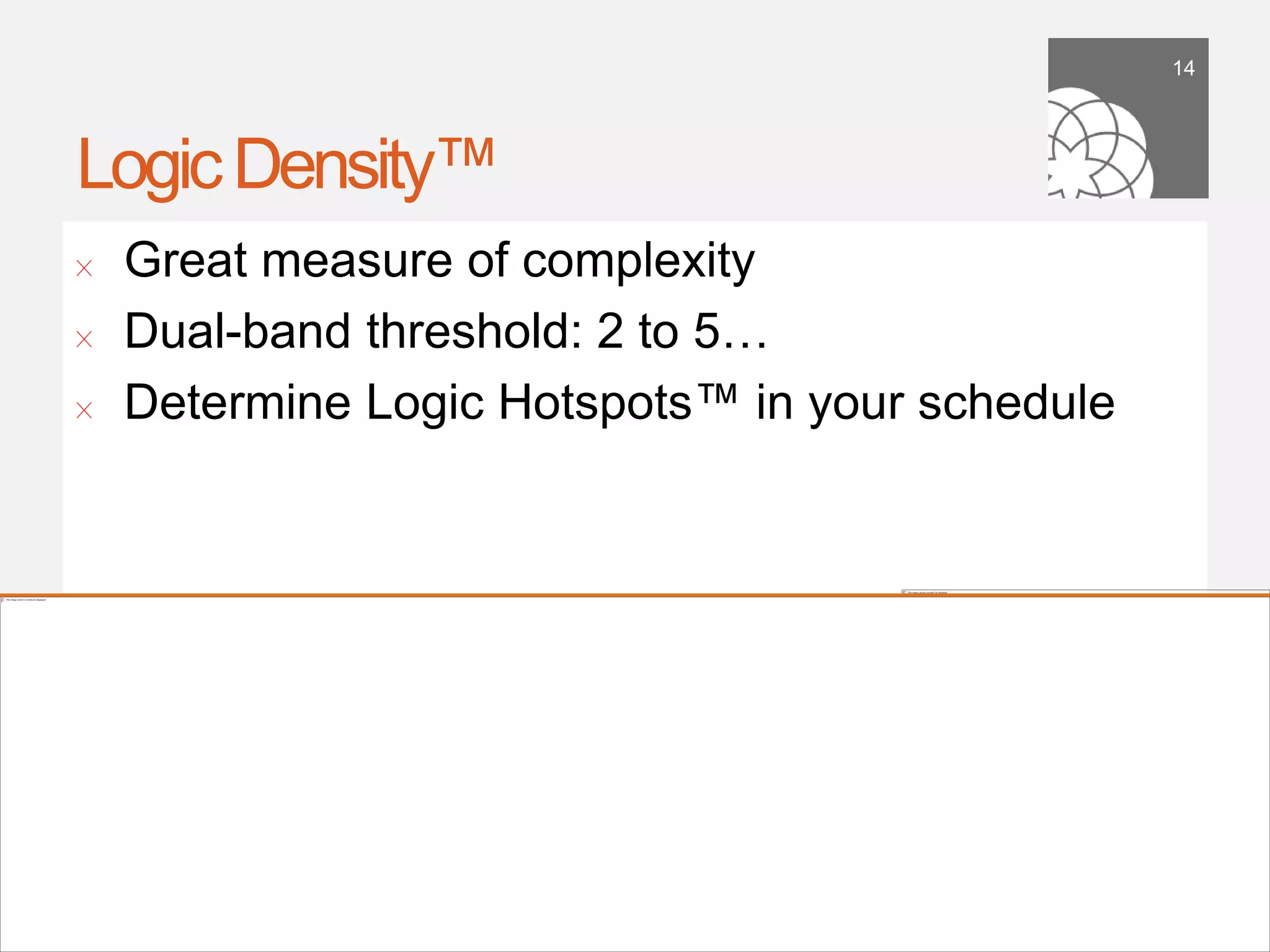 14




Logic Density™
!      Great measure of complexity
!      Dual-band threshold: 2 to 5…
!      Determine Logic Hotspots™ in your schedule




    September 21,
        2011
 