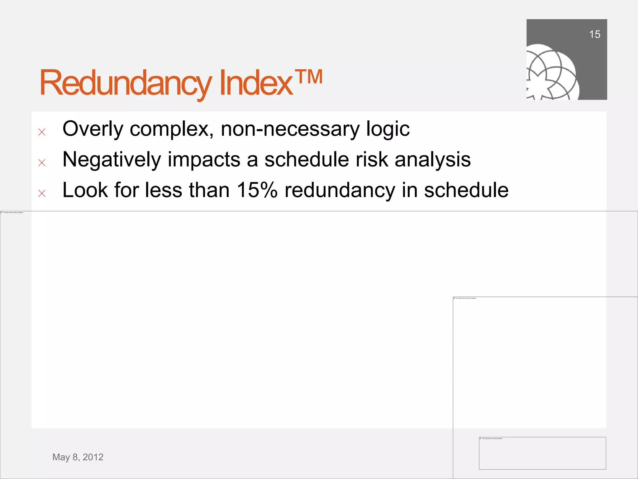 15




Redundancy Index™
!      Overly complex, non-necessary logic
!      Negatively impacts a schedule risk analysis
!      Look for less than 15% redundancy in schedule




    September 21,
        2011
 