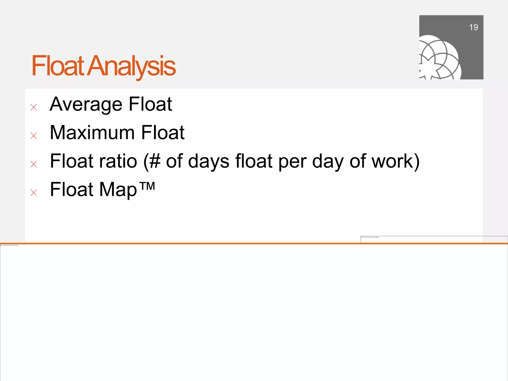 19




Float Analysis
!      Average Float
!      Maximum Float
!      Float ratio (# of days ﬂoat per day of work)
!      Float Map™




    September 21,
        2011
 