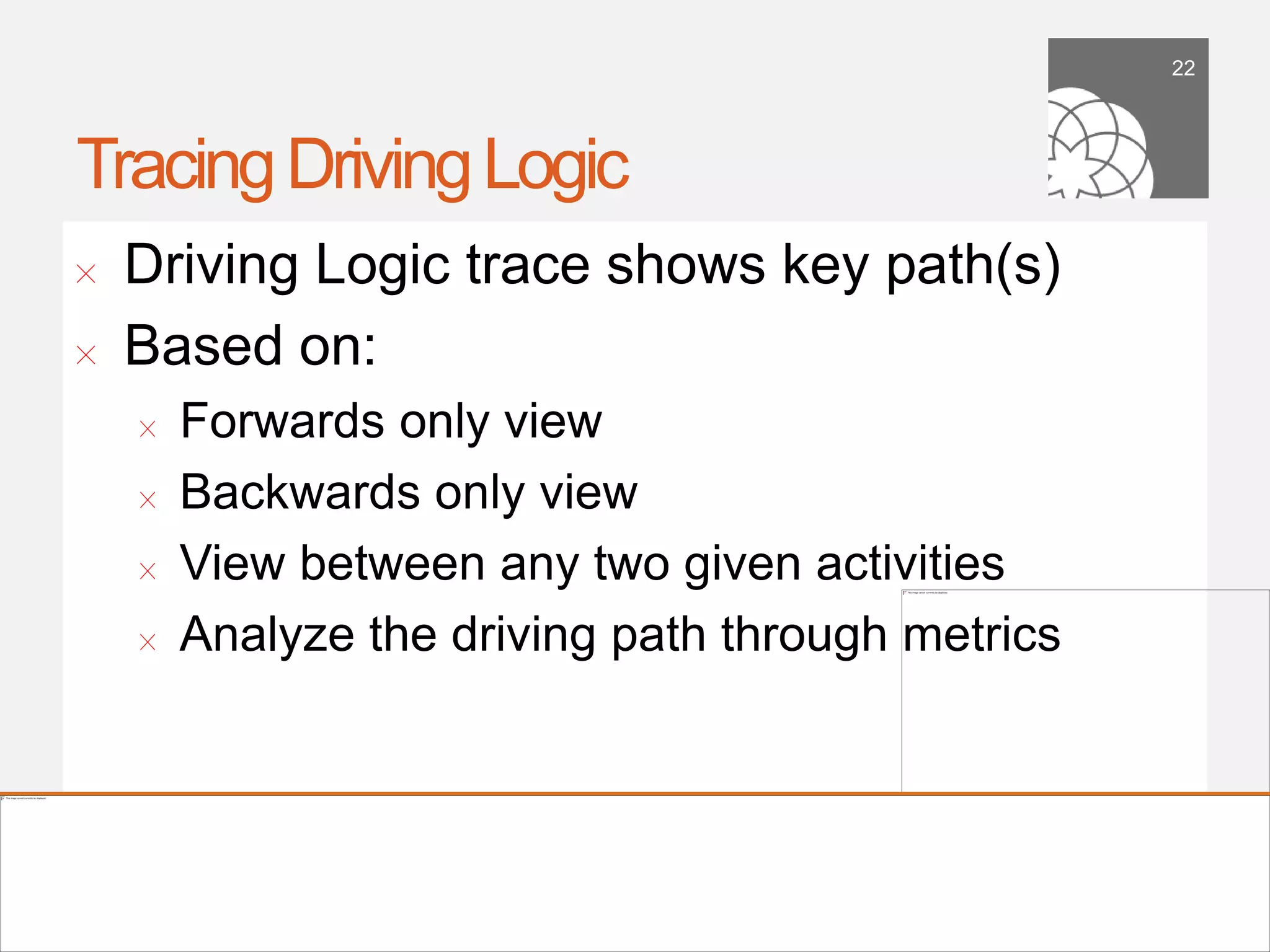 22




Tracing Driving Logic
!      Driving Logic trace shows key path(s)
!      Based on:
        !    Forwards only view
        !    Backwards only view
        !    View between any two given activities
        !    Analyze the driving path through metrics




    September 21,
        2011
 