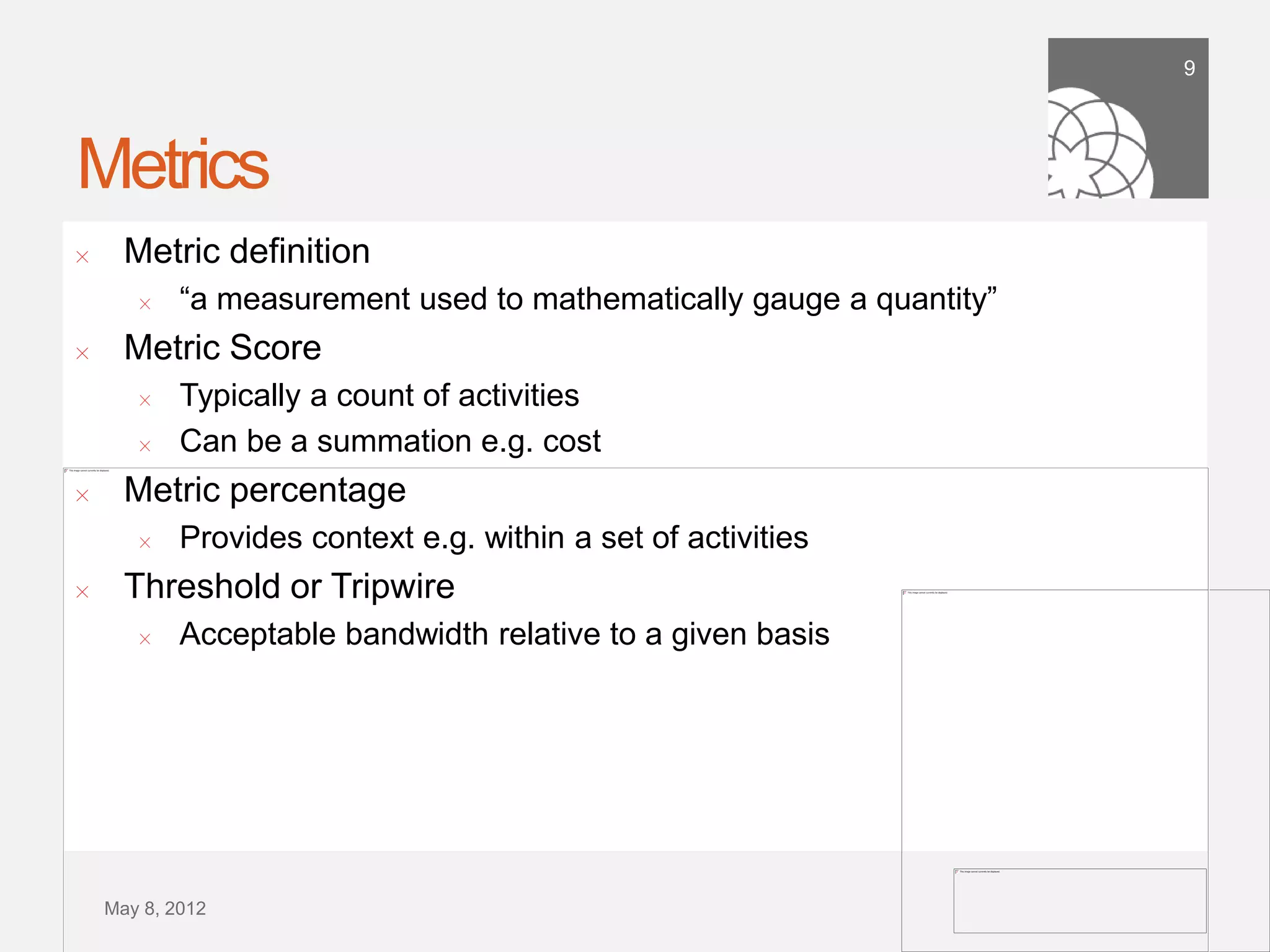 9




Metrics
!     Metric deﬁnition
        !   “a measurement used to mathematically gauge a quantity”
!     Metric Score
        !   Typically a count of activities
        !   Can be a summation e.g. cost
!     Metric percentage
        !   Provides context e.g. within a set of activities
!     Threshold or Tripwire
        !   Acceptable bandwidth relative to a given basis




    September 21,
        2011
 