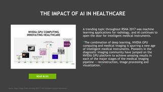 THE IMPACT OF AI IN HEALTHCARE
A trending topic throughout RSNA 2017 was machine
learning applications for radiology, and AI continues to
open the door for intelligent medical instruments.
“The combination of deep learning, NVIDIA GPU
computing and medical imaging is spurring a new age
of intelligent medical instruments. Pioneers in the
diagnostic imaging community have jumped on the
NVIDIA GPU platform to achieve amazing results in
each of the major stages of the medical imaging
pipeline — reconstruction, image processing and
visualization.”
Source: https://blogs.nvidia.com/blog/2017/11/26/intelligent-medical-instruments/
READ BLOG
 