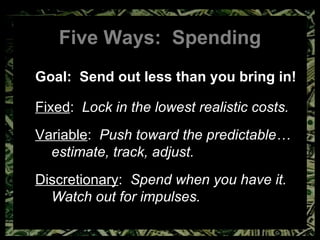 Five Ways:  Spending Goal:  Send out less than you bring in! Fixed :  Lock in the lowest realistic costs. Variable :  Push toward the predictable… estimate, track, adjust. Discretionary :  Spend when you have it. Watch out for impulses. 