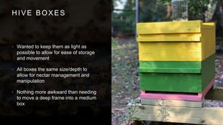 HIVE BOXES
• Wanted to keep them as light as
possible to allow for ease of storage
and movement
• All boxes the same size/depth to
allow for nectar management and
manipulation
• Nothing more awkward than needing
to move a deep frame into a medium
box
 