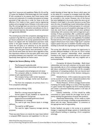 58
ISSN: 0718-2724. (http://www.jotmi.org)
Journal of Technology Management & Innovation © Universidad Alberto Hurtado, Facultad de Economía y Negocios.
J.Technol. Manag. Innov. 2012,Volume 8, Issue 2
cessful blending of these high tier factors, which gives rise
to the ability for a company to strategize, build new differ-
ential competences and execute on novel products that will
be successful in the market. However, two of the factors
that were highlighted in the survey results that were not ad-
dressed in much depth in the earlier literature survey.These
were the value of establishing trusted relationships with key
customers and the overall market perception. It is acknowl-
edged these are sources of competitive advantage and firms
must also work hard to establish trustful, more symbiotic
relationships with customers that lead to longer-term part-
nerships. If these partnerships offer a preferential supplier
position in the eyes of the customers,then they too become
part of a firm’s VRIN resources and capabilities.To establish
this level of trust,a firm’s sales,marketing organization and IS
support infrastructure must create a “high touch” customer
support system that aims to establish mutually trusting rela-
tionships at the both the engineering and managerial levels.
The survey also offered the recipients the opportunity to
provide additional feedback in the area of a firm’s market
presence and customer relationships, which essentially
translate to the “value” a customer places on an inter-com-
pany relationship. The feedback was very insightful and is
summarized below:
• Competitor & Industry Knowledge – Build closer
relationships and trust with customers to the point where
they eventually rely on a firm as being so highly knowledge-
able about competitor’s best practices and the strengths/
weaknesses of competing products that you become part
of their inner circle and part of their decision making pro-
cesses,
• Reliable Partner –A firm needs to be a partner that
can be counted on to help solve unexpected problems that
come up in the with the customers’ customers,
• Market Presence - A firm’s strategy should include
marketing and actively selling to as many of the key players
in a given market.This magnifies the firm’s market presence
and creates a perceived leadership position in the eyes of
those customers,
• Industry Leadership – A Firm should be visibly
committed to a given market for the longer term by con-
stantly evolving new generations of world class products,
• Networked Relationships - A firm needs to invest
significant time and energy in building strong-networked re-
lations with the major “decision-makers” at customers at
the appropriate level of responsibility.
Further feedback was given in the survey as to potential
changes in organizational design, systems or leadership that
could influence building or sustaining a firm’s competitive
advantage.
type firms’ resources and capabilities.Tables (2), (3) and Fig.
(11) gives this feedback. Overwhelmingly, the most valuable
IP was considered to be patents, then brand equity, trade
secrets, and trademarks. It is notable that patents are always
perceived of high value, but in order for these to be truly
effective a firm needs to have a good reverse engineering
analysis and strong legal teams.However,in this same survey
(Fig.10),a strong legal team was very low on the importance
rating, something that is somewhat contradictory to the al-
most universal assertion that patents should be submitted
and aggressively defended.
The overall picture of all the competitive advantage factors
is plotted in Fig (10).This is a pareto chart [46] of all the ma-
jor factors presented in the survey questionnaire.All these
factors are aligned with the fundamental assertions made
earlier in the paper, however this ordered view now aug-
ments this and gives us an indication as to the perceived
relative importance of each factor. Overall, from the data
scoring >3, all the given factors were perceived as “impor-
tant’,but the seven lower tier factors were regarded to have
less importance relative to the top seven, which were rated
somewhere between ‘very important” and “mission critical”.
Specifically these high/low tier factors were:
Highest tier factors (Rating ~4.25).
• The Company’s Leadership skills
• Establishing trusted relationships with key custom-
ers
• The company’s cultural background and values
• The company’s ability to translate the strategy in
context at each organizational level
• The company having a solid market reputation
• The need for a strategic market team & perspec-
tive
• The front line employees are primary factor in a
firms competitive advantage
Lowest tier factors (Rating ~3.25).
.
• Need for a strong corporate legal team
• Formal system of peer feedback to improve the
performance and alignment of all groups
• Supportive & accountable governance board
• Globalization as a strategy
• The need to get many diverse inputs in strategy
definition
• The need for an ERP system
• The need for higher frequency strategic planning
processes
These top seven factors are clearly the major levers behind
a company’s VRIN resources and capabilities. It is the suc-
 