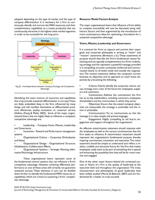  
Fig (2) – Interdependence between Company Strategy and Competitive
Advantage
50
ISSN: 0718-2724. (http://www.jotmi.org)
Journal of Technology Management & Innovation © Universidad Alberto Hurtado, Facultad de Economía y Negocios.
J.Technol. Manag. Innov. 2012,Volume 8, Issue 2
Resource Model Factors Analysis
The major organizational levers that influence a firm’s ability
to compete successfully will now be discussed, along with
historic factors and then augmented by the introduction of
more contemporary ideas for optimizing a foundation for a
sustained competitive advantage.
Vision, Mission, Leadership and Governance
It is common for firms to capture and commit their major
goals and corporate philosophy in writing as “vision” and
“mission” statements (Birnbaum, n.d.).These statements of
purpose should describe the firm’s fundamental reason for
existing,and are typically complementary to a firm’s underly-
ing strategy and the represent a powerful message,provided
it is compelling, accurate, constantly reinforced and commu-
nicated clearly to all levels inside and outside the organiza-
tion.The mission statement defines the company’s current
business, its objectives and its approach to reach those ob-
jectives by articulating the following:
• Culture: Clearly identify the corporate culture, val-
ues, strategy and a view of the future for employees, suppli-
ers and customers;
• Commitment: Address the commitment the firm
has to its key stakeholders, including customers, employees,
shareholders and the communities in which they serve;
• Objectives: Ensure that the stated company objec-
tives are measurable, the strategy is actionable and the vi-
sion is achievable;
• Communication: Try to communicate so that the
message is in clear, simple and precise language;
• Engagement: Highly compelling to aid buy-in, en-
gagement and support throughout the organization.
An effective vision/mission statement should resonate with
the employees as well as the various constituencies that the
firm seeks to influence. A vision/mission statement should
represent the organization’s fundamental purpose thereby
inspiring commitment, innovation and execution.The vision
statement should be simple to understand and reflect a re-
alistic, credible and attractive future for the firm that makes
employees really want to be part of something this is special
and enhancing the possibility that they will be far more crea-
tive and engaged.
One of the other major factors behind the continued suc-
cess or failure of a firm is the quality of leadership at the
executive level and throughout the organization.The traits,
characteristics and philosophies of good leadership have
been widely studied (Morse & Babcock, 2007) and are fun-
damental for a leader to truly succeed:
adopted depending on the type of market and the type of
company differentiation. It is necessary for a firm to con-
tinuously identify and nurture theVRIN resources and their
complementary capabilities to a create product(s) that are
continuously attractive in the highest value market segments
in order to be successful for the long term.
Identifying the exact mixture of resources and capabilities
that truly provide sustained differentiation is not easy.These
are likely embedded deep in the firm, influenced by many
things, and will manifest themselves as differentiated prod-
ucts, efficiencies, quality, innovation, or customer service
(Hafeez, Zhang & Malak, 2002). Some of the major organi-
zational levers that are highly likely to influence a company’s
competitive advantage are:
• Leadership – Company Vision, Mission, Leadership
and Governance
• Incentives – Reward and Performance management
systems
• Organizational Culture – Corporate Orthodoxies
andValues
• Organizational Design - Organizational Structure,
Globalization, Collaboration Effects
• Organizational Systems – Strategic Planning, Infor-
mationTechnology Infrastructure
These organizational levers represent some of
the fundamental control systems that can influence a firm’s
competitive advantage. However, achieving differential per-
formance on one of these areas will certainly not guarantee
sustained success. These elements in turn can be distilled
down further to identify the fundamentalVRIN resources or
capabilities, which are critical to sustaining a firms’ competi-
tive advantage.
 