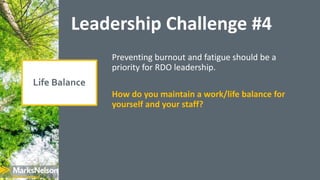 Leadership Challenge #4
Preventing burnout and fatigue should be a
priority for RDO leadership.
How do you maintain a work...