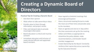 Creating a Dynamic Board of
Directors
Practical Tips for Creating a Dynamic Board
 Ask them their opinion
 Allow others ...