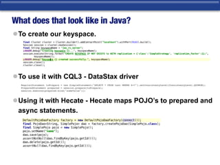 What does that look like in Java?
lTo create our keyspace.
lTo use it with CQL3 - DataStax driver 
lUsing it with Hecate - Hecate maps POJO’s to prepared and
async statements.
 
