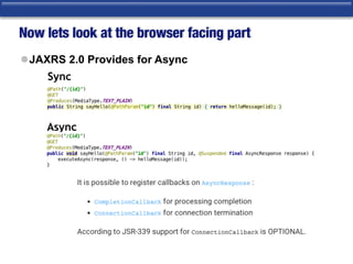 Now lets look at the browser facing part
lJAXRS 2.0 Provides for Async
Sync
Async
 