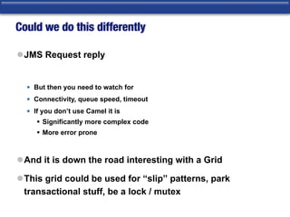 Could we do this differently
lJMS Request reply
• But then you need to watch for
• Connectivity, queue speed, timeout
• If you don’t use Camel it is
§ Significantly more complex code
§ More error prone
lAnd it is down the road interesting with a Grid
lThis grid could be used for “slip” patterns, park
transactional stuff, be a lock / mutex
 