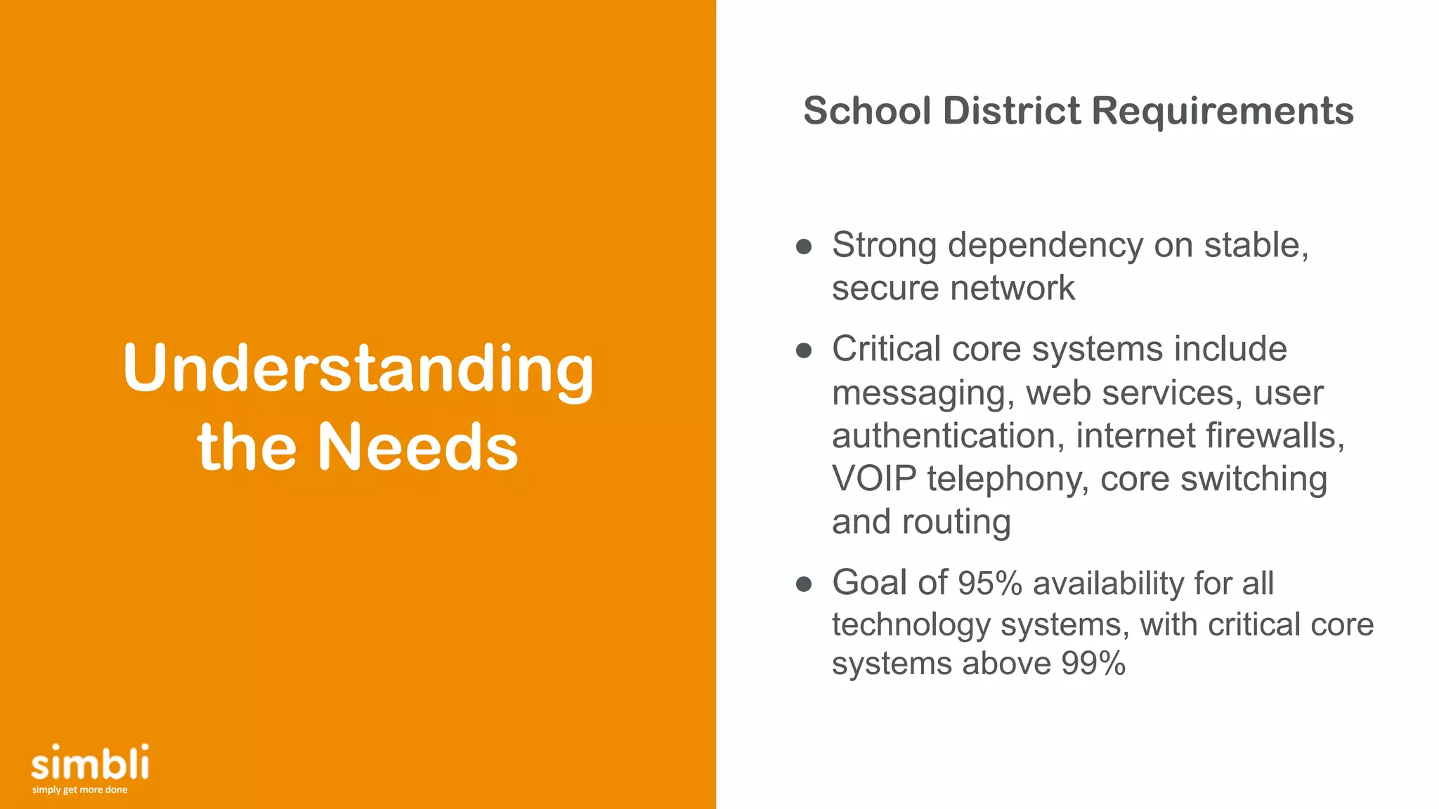 simply get more done
School District Requirements
● Strong dependency on stable,
secure network
● Critical core systems include
messaging, web services, user
authentication, internet firewalls,
VOIP telephony, core switching
and routing
● Goal of 95% availability for all
technology systems, with critical core
systems above 99%
Understanding
the Needs
 