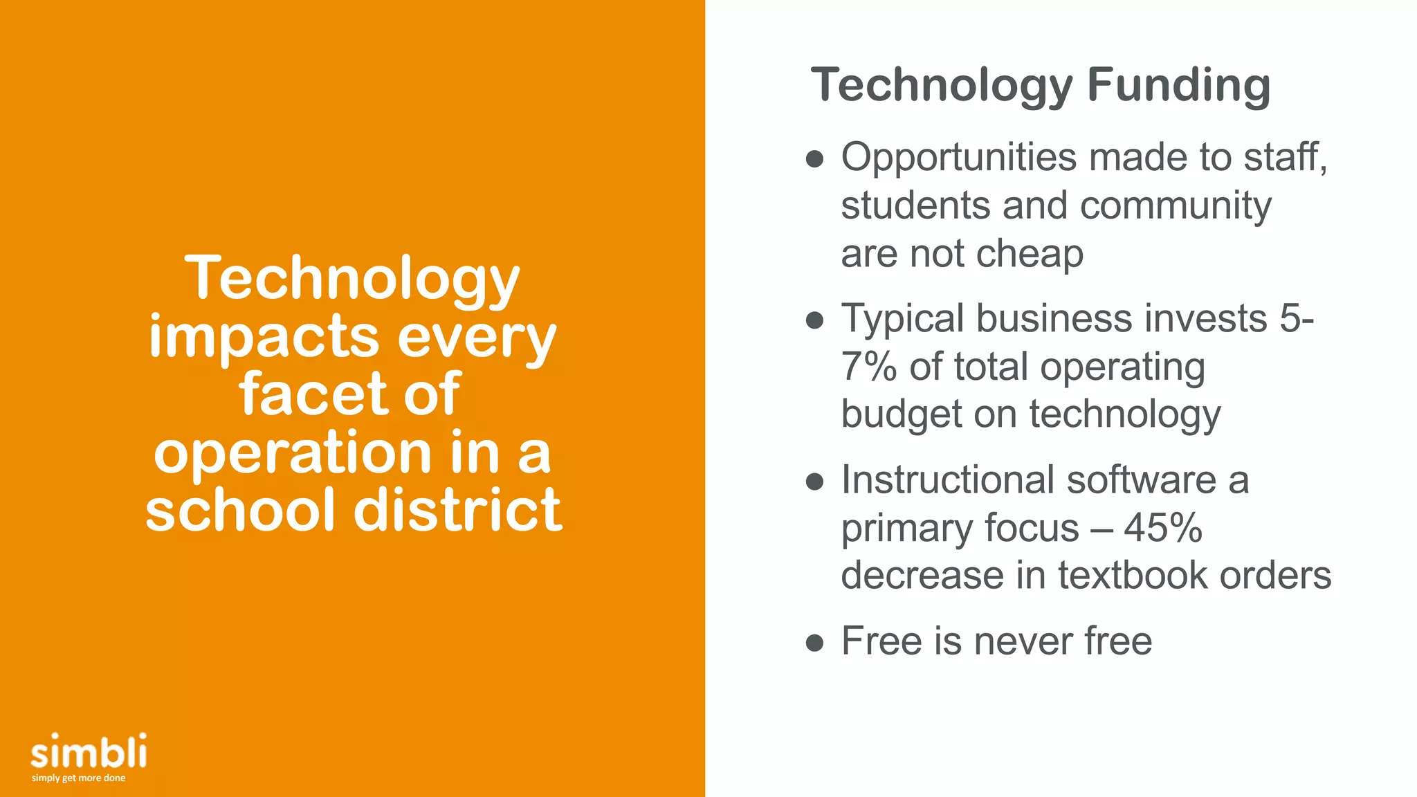 simply get more done
Technology Funding
● Opportunities made to staff,
students and community
are not cheap
● Typical business invests 5-
7% of total operating
budget on technology
● Instructional software a
primary focus – 45%
decrease in textbook orders
● Free is never free
Technology
impacts every
facet of
operation in a
school district
 