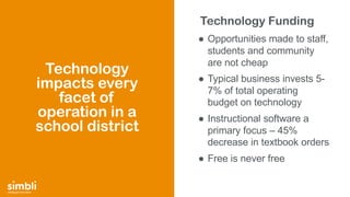 simply get more done
Technology Funding
● Opportunities made to staff,
students and community
are not cheap
● Typical business invests 5-
7% of total operating
budget on technology
● Instructional software a
primary focus – 45%
decrease in textbook orders
● Free is never free
Technology
impacts every
facet of
operation in a
school district
 