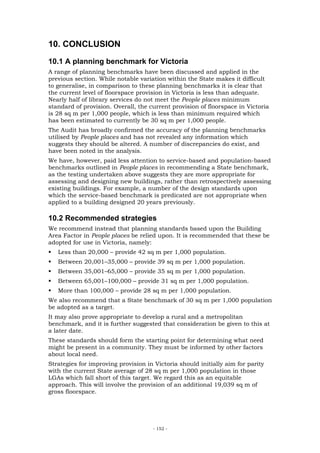 10. CONCLUSION
10.1 A planning benchmark for Victoria
A range of planning benchmarks have been discussed and applied in the
previous section. While notable variation within the State makes it difficult
to generalise, in comparison to these planning benchmarks it is clear that
the current level of floorspace provision in Victoria is less than adequate.
Nearly half of library services do not meet the People places minimum
standard of provision. Overall, the current provision of floorspace in Victoria
is 28 sq m per 1,000 people, which is less than minimum required which
has been estimated to currently be 30 sq m per 1,000 people.
The Audit has broadly confirmed the accuracy of the planning benchmarks
utilised by People places and has not revealed any information which
suggests they should be altered. A number of discrepancies do exist, and
have been noted in the analysis.
We have, however, paid less attention to service-based and population-based
benchmarks outlined in People places in recommending a State benchmark,
as the testing undertaken above suggests they are more appropriate for
assessing and designing new buildings, rather than retrospectively assessing
existing buildings. For example, a number of the design standards upon
which the service-based benchmark is predicated are not appropriate when
applied to a building designed 20 years previously.

10.2 Recommended strategies
We recommend instead that planning standards based upon the Building
Area Factor in People places be relied upon. It is recommended that these be
adopted for use in Victoria, namely:
   Less than 20,000 – provide 42 sq m per 1,000 population.
   Between 20,001–35,000 – provide 39 sq m per 1,000 population.
   Between 35,001–65,000 – provide 35 sq m per 1,000 population.
   Between 65,001–100,000 – provide 31 sq m per 1,000 population.
   More than 100,000 – provide 28 sq m per 1,000 population.
We also recommend that a State benchmark of 30 sq m per 1,000 population
be adopted as a target.
It may also prove appropriate to develop a rural and a metropolitan
benchmark, and it is further suggested that consideration be given to this at
a later date.
These standards should form the starting point for determining what need
might be present in a community. They must be informed by other factors
about local need.
Strategies for improving provision in Victoria should initially aim for parity
with the current State average of 28 sq m per 1,000 population in those
LGAs which fall short of this target. We regard this as an equitable
approach. This will involve the provision of an additional 19,039 sq m of
gross floorspace.




                                     - 152 -
 