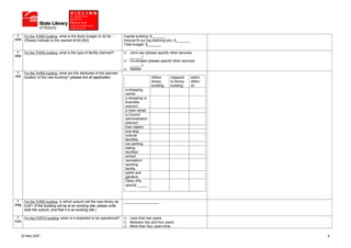 7      For the THIRD building, what is the likely budget (in $) for -      Capital building: $_______
(iii)d    (Please indicate to the nearest $100,000)                           Internal fit out (eg shelving etc): $_______
                                                                              Total budget: $_______

  7       For the THIRD building, what is the type of facility planned?           Joint use (please specify other services
(iii)e                                                                            ______)
                                                                                  Co-located (please specify other services
                                                                                  ______)
                                                                                  Neither
  7       For the THIRD building, what are the attributes of the planned
(iii)f    location of the new building? (please tick all applicable)                            Within       Adjacent        within
                                                                                                library      to library      400m
                                                                                                building:    building:       of:
                                                                               a shopping
                                                                               centre
                                                                               a shopping or
                                                                               business
                                                                               precinct
                                                                               a main street
                                                                               a Council
                                                                               administration
                                                                               precinct
                                                                               train station
                                                                               bus stop
                                                                               cultural
                                                                               facilities
                                                                               car parking
                                                                               eating
                                                                               facilities
                                                                               school
                                                                               recreation/
                                                                               sporting
                                                                               facility
                                                                               parks and
                                                                               gardens
                                                                               Other (Pls
                                                                               specify _____



   7      For the THIRD building, in which suburb will the new library be     __________________
(iii)g    built? (If the building will be at an existing site, please write
          both the suburb, and that it is an existing site.)

  7       For the FORTH building, when is it expected to be operational?          Less than two years
(iv)b                                                                             Between two and four years
                                                                                  More than four years time

         25 May 2007                                                                                                                  6
 