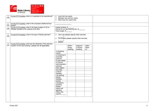 7     For the FIFTH building, when is it expected to be operational?       Less than two years
(v)b                                                                         Between two and four years
                                                                             More than four years time

 7      For the FIFTH building, what is the proposed additional floor    __________________
(v)c    space?
  7     For the FIFTH building, what is the likely budget (in $) for -   Capital building: $_______
(v)d    (Please indicate to the nearest $100,000)                        Internal fit out (eg shelving etc): $_______
                                                                         Total budget: $_______

 7      For the FIFTH building, what is the type of facility planned?        Joint use (please specify other services
(v)e                                                                         ______)
                                                                             Co-located (please specify other services
                                                                             ______)
                                                                             Neither
 7      For the FIFTH building, what are the attributes of the planned
(v)f    location of the new building? (please tick all applicable)                         Within       Adjacent        within
                                                                                           library      to library      400m
                                                                                           building:    building:       of:
                                                                          a shopping
                                                                          centre
                                                                          a shopping or
                                                                          business
                                                                          precinct
                                                                          a main street
                                                                          a Council
                                                                          administration
                                                                          precinct
                                                                          train station
                                                                          bus stop
                                                                          cultural
                                                                          facilities
                                                                          car parking
                                                                          eating
                                                                          facilities
                                                                          school
                                                                          recreation/
                                                                          sporting
                                                                          facility
                                                                          parks and
                                                                          gardens
                                                                          Other (Pls
                                                                          specify _____




       25 May 2007                                                                                                               8
 