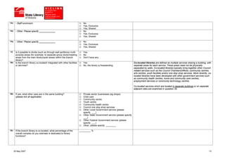 14o    - Staff lunchroom                                                       No
                                                                               Yes, Exclusive
                                                                               Yes, Shared
14p    - Other: Please specify _____________                                   No
                                                                               Yes, Exclusive
                                                                               Yes, Shared

14q    - Other: Please specify _____________                                   No
                                                                               Yes, Exclusive
                                                                               Yes, Shared

15     Is it possible to divide (such as through wall partitions) multi-       Yes
       purpose areas (for example, to separate group study/meeting             No
       areas from the main library/quiet areas) within the branch              Don’t have any
       library?
16a    Is the branch library co-located/ integrated with other facilities      Yes                                              Co-located libraries are defined as multiple services sharing a building, with
       or services?                                                            No, the library is freestanding                  separate areas for each service. These areas need not be physically
                                                                                                                                separated by walls. Co-located libraries typically bring together other Council
                                                                                                                                related services such as the Council Chambers/offices, community centres,
                                                                                                                                arts centres, youth facilities and/or one stop shop services. More recently, co-
                                                                                                                                located libraries have been developed with other government services such
                                                                                                                                as community health centres, home and community care centres,
                                                                                                                                employment services or community technology centres.

                                                                                                                                Co-located services which are located in separate buildings or on separate
                                                                                                                                adjacent sites are examined in question 35.

16b    If yes, what other uses are in the same building?                       Private sector businesses (eg shops)
       (please tick all applicable)                                            Child care
                                                                               Community centre
                                                                               Youth centre
                                                                               Community health centre
                                                                               Council one stop shop services
                                                                               Other Local Government service (please
                                                                               specify ___)
                                                                               Other State Government service (please specify
                                                                               ___)
                                                                               Other Federal Government service (please
                                                                               specify ___)
                                                                               Other, please specify ________

16c    If the branch library is co-located, what percentage of the          _________ %
       overall complex do you estimate is dedicated to library
       functions?




      25 May 2007                                                                                                                                                                                            13
 