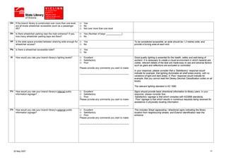 25d    If the branch library is constructed over more than one level,      Yes
       are all levels wheelchair accessible (such as a passenger           No
       lift)?                                                              Not over more than one level

25e    Is there wheelchair parking near the main entrance? If yes,         Yes (Number of bays: ____________)
       how many wheelchair parking bays are there?                         No

25f    Is the aisle space provided between shelving wide enough for        Yes                                          To be considered accessible, an aisle should be 1.2 metres wide, and
       wheelchair access?                                                  No                                           provide a turning area at each end.

25g    Is there a wheelchair accessible toilet?                            Yes
                                                                           No

26     How would you rate your branch library‘s lighting levels?           Excellent                                    Good quality lighting is essential for the health, safety and well-being of
                                                                           Satisfactory                                 workers. It is necessary to create a visual environment in which hazards are
                                                                           Poor                                         visible, relevant details of the task are made easy to see and adverse factors
                                                                                                                        such as glare and reflections are excluded or controlled.
                                                                        Please provide any comments you wish to make:
                                                                                                                        In your response, please consider that a ‘Satisfactory’ response would
                                                                        _______________________________________         indicate for example that lighting illuminates all shelf areas evenly, with no
                                                                                                                        variations of light and dark areas. A ‘Poor’ response would indicate for
                                                                                                                        example, that you cannot read the Dewey Decimal Classification codes on all
                                                                                                                        books.

                                                                                                                        The relevant lighting standard is AS 1680.

27a    How would you rate your branch library‘s internal public             Excellent                                   Signs should provide basic directional information to library users. In your
       information signage?                                                 Satisfactory                                response, please consider that -
                                                                            Poor                                        ‘Satisfactory’ signage is that which complies with AS2899 standards,
                                                                        Please provide any comments you wish to make:    ‘Poor’ signage is that which results in numerous requests being received for
                                                                                                                        assistance in physically locating information.
                                                                        _______________________________________

27b    How would you rate your branch library‘s external public             Excellent                                   This includes Street signposting / directional signs indicating the library
       information signage?                                                 Satisfactory                                location from neighbouring streets, and Exterior identification near the
                                                                            Poor                                        entrance.
                                                                        Please provide any comments you wish to make:

                                                                        _______________________________________




      25 May 2007                                                                                                                                                                                     17
 