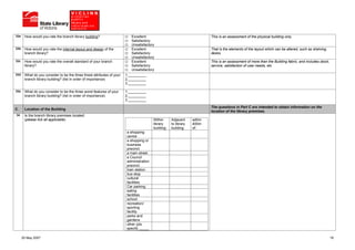 33a    How would you rate the branch library building?                     Excellent                                       This is an assessment of the physical building only.
                                                                           Satisfactory
                                                                           Unsatisfactory
33b    How would you rate the internal layout and design of the            Excellent                                       That is the elements of the layout which can be altered, such as shelving,
       branch library?                                                     Satisfactory                                    desks.
                                                                           Unsatisfactory
33c    How would you rate the overall standard of your branch              Excellent                                       This is an assessment of more than the Building fabric, and includes stock,
       library?                                                            Satisfactory                                    service, satisfaction of user needs, etc
                                                                           Unsatisfactory
33d    What do you consider to be the three finest attributes of your   1._________
       branch library building? (list in order of importance)           2._________
                                                                        3._________

33e    What do you consider to be the three worst features of your      1._________
       branch library building? (list in order of importance)           2._________
                                                                        3._________

                                                                                                                           The questions in Part C are intended to obtain information on the
C.     Location of the Building
                                                                                                                           location of the library premises.
34     Is the branch library premises located:
       (please tick all applicable)                                                      Within      Adjacent     within
                                                                                         library     to library   400m
                                                                                         building:   building:    of:
                                                                        a shopping
                                                                        centre
                                                                        a shopping or
                                                                        business
                                                                        precinct
                                                                        a main street
                                                                        a Council
                                                                        administration
                                                                        precinct
                                                                        train station
                                                                        bus stop
                                                                        cultural
                                                                        facilities
                                                                        Car parking
                                                                        eating
                                                                        facilities
                                                                        school
                                                                        recreation/
                                                                        sporting
                                                                        facility
                                                                        parks and
                                                                        gardens
                                                                        other (pls
                                                                        specify _____

      25 May 2007                                                                                                                                                                                        19
 